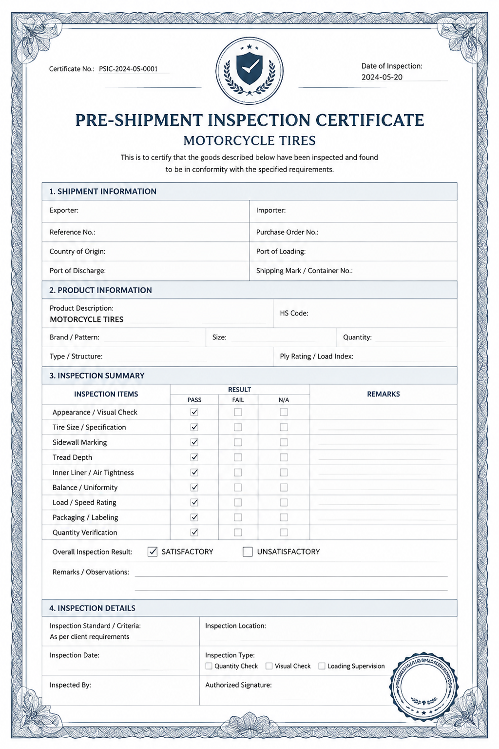 Pre-shipment inspection certificate placeholder